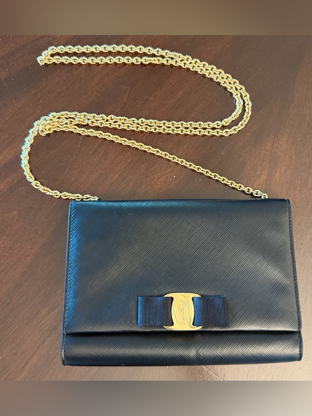 Salvatore Ferragamo Black Saffiano shoulder Leather Vara Bow Box Chain Clutch